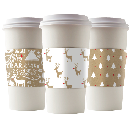 Holiday designs on coffee cup sleeves.