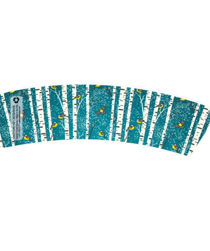 Design of winter aspens with birds flying on a dark teal background coffee cup sleeve.