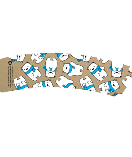 Winter polar bear in blue scarf design on brown coffee cup sleeve.