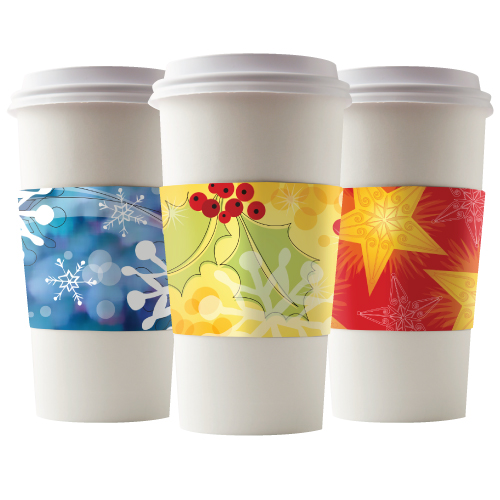 Winter themed coffee cup sleeve with a snowflake design, a mistletoe design, and a star design.