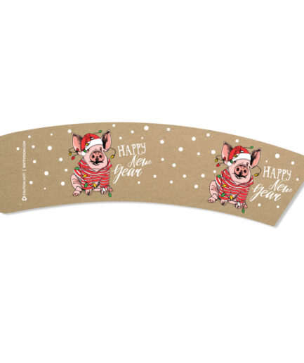 Christmas pig in Santa hat and wrapped in Christmas lights design printed on a brown paper coffee cup sleeve.