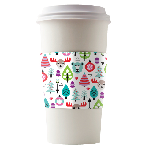 Colorful holiday pattern on a white coffee sleeve wrapped around a coffee cup.