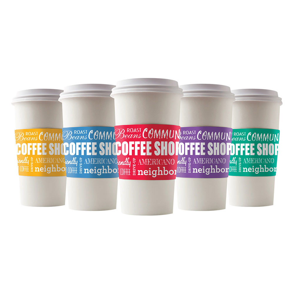multiple coffee sleeves all in different colors for a local coffee shop